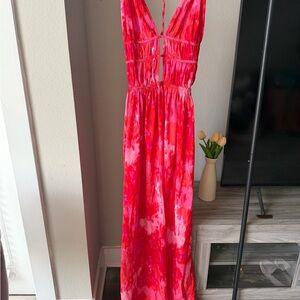 Red and Pink Tie-Dye Maxi Dress